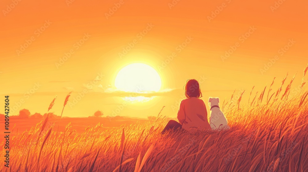A serene sunset view with a person and a dog sitting in a field of grass. A serene sunset view with a person and a dog sitting in a field of grass.