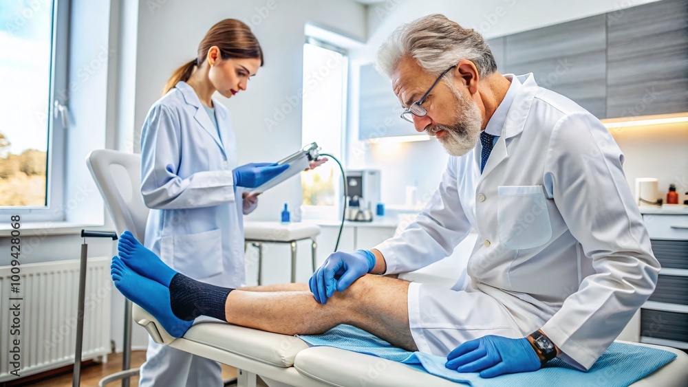 Obraz premium Professional Phlebologist Examining Varicose Veins with Medical Equipment in a Modern Clinic Setting