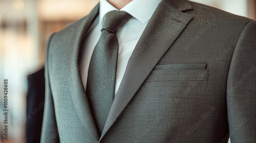 Close-up of a Grey Suit with a Black Tie and White Shirt, Formal Attire, Fashion, Menswear, Suit, Tie, Grey Close-up of a Grey Suit with a Black Tie and White Shirt, Formal Attire, Fashion, Menswear, Suit, Tie, Grey