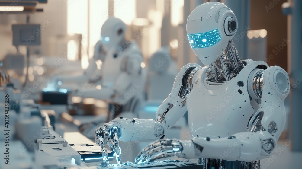 Fototapeta premium A high-tech manufacturing plant with robots building advanced AI technologies and devices