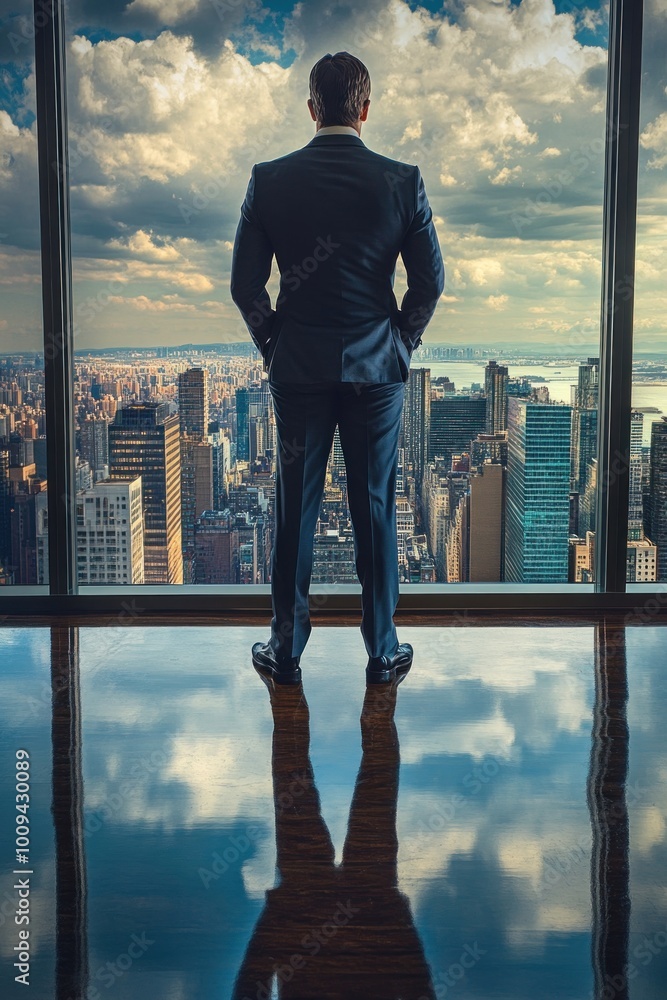 Fototapeta premium A businessman gazes out at a city skyline from a high-rise window, reflecting on opportunities.