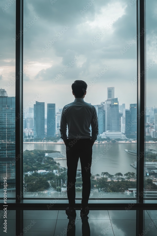 A person gazing at a city skyline through a large window, reflecting on urban life. A person gazing at a city skyline through a large window, reflecting on urban life.