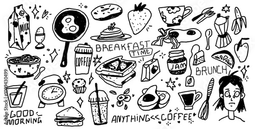 squiggle Doodles set. Scribble ellements about breakfast. Food icons for cafe menu. Scribble sketches for italian picnic. Vector trendy illustration with pencil texture.