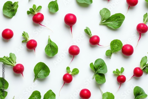 A flat lay of fresh red radishes and green leaves on a white background.