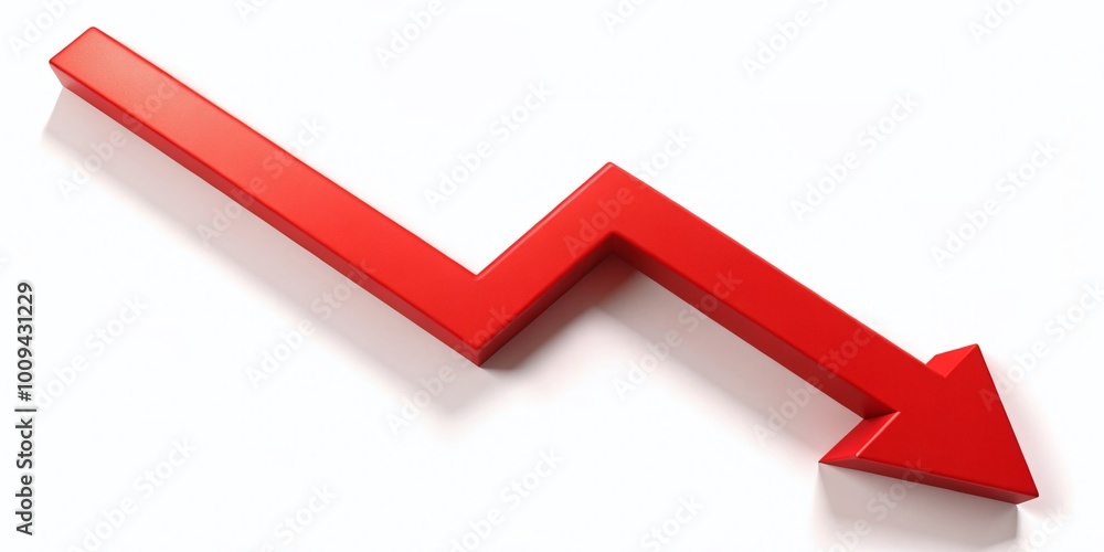 Red Stock Arrow Down on White Background Indicating Decline or Decrease in Business Performance Red Stock Arrow Down on White Background Indicating Decline or Decrease in Business Performance
