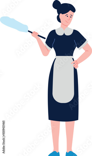 Woman in cleaning service uniform sweeping dust. Household worker