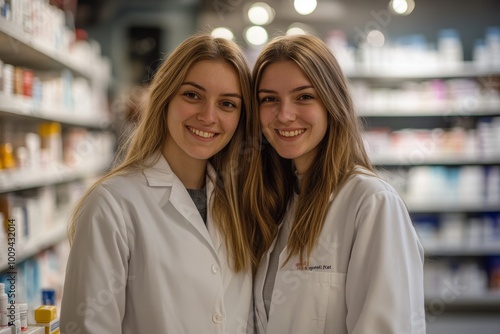 Two female pharmacists standing in a drug store, Generative AI