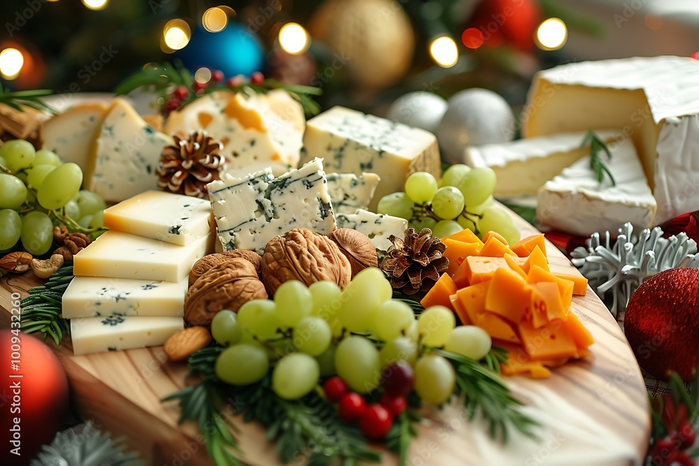 A festive cheese board with various cheeses, grapes, nuts, and Christmas decorations A festive cheese board with various cheeses, grapes, nuts, and Christmas decorations