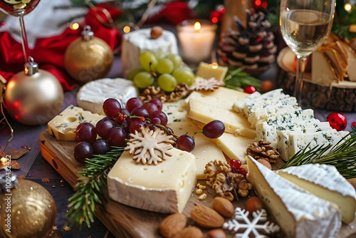 A festive cheese board with various cheeses, grapes, nuts, and Christmas decorations