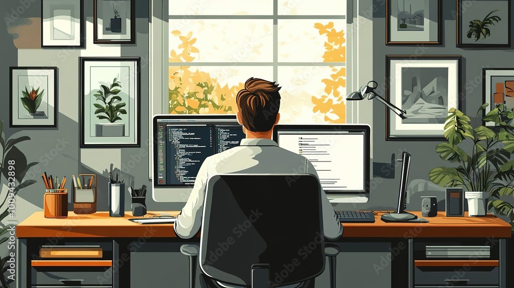 A serene workspace featuring a person coding on a computer, surrounded by artwork and greenery, perfect for creative inspiration. A serene workspace featuring a person coding on a computer, surrounded by artwork and greenery, perfect for creative inspiration.