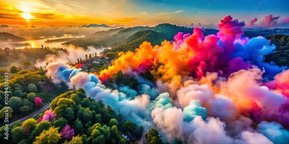Relaxed atmosphere with colorful smoke swirling in the air, creating a vibrant and dreamy scene Relaxed atmosphere with colorful smoke swirling in the air, creating a vibrant and dreamy scene
