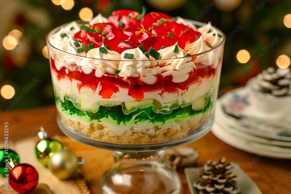 A festive trifle dessert with layers of red and green jelly, custard, and whipped cream A festive trifle dessert with layers of red and green jelly, custard, and whipped cream