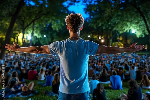 A person standing calmly amidst a chaotic crowd, their serene expression embodying stoic detachment and resilience in the face of external turmoil photo