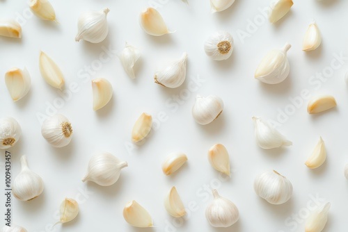 A flat lay of whole garlic bulbs and individual cloves on a white background.