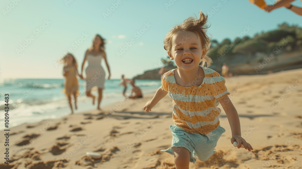 Two joyful children running along the beach with their parents in the background, splashing through the sand and water on a sunny day, full of energy and laughter.
Two joyful children running along the beach with their parents in the background, splashing through the sand and water on a sunny day, full of energy and laughter.