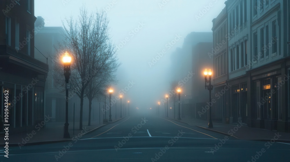 A foggy street scene with lampposts illuminating a deserted road. A foggy street scene with lampposts illuminating a deserted road.