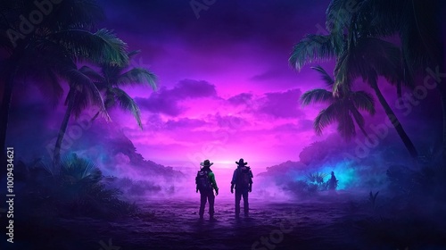 Two figures standing in a purple and blue tropical landscape.