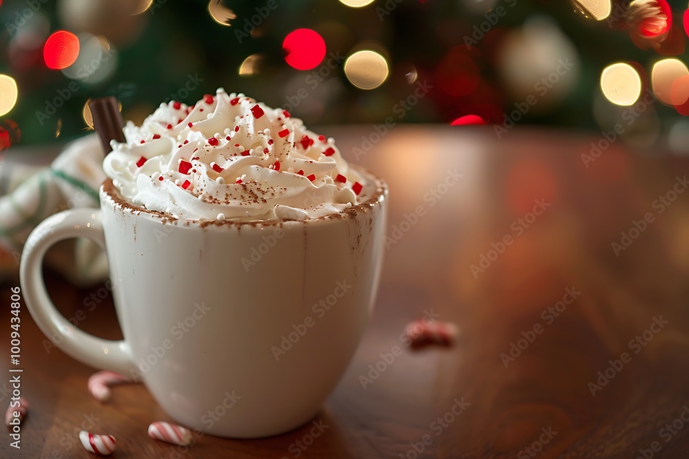 A hot cup of cocoa topped with whipped cream and candy cane pieces, next to a Christmas tree A hot cup of cocoa topped with whipped cream and candy cane pieces, next to a Christmas tree