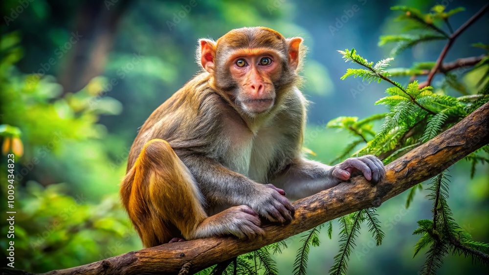 Rhesus Macaque Monkey Sitting on Tree Branch in Natural Habitat with Lush Green Background Rhesus Macaque Monkey Sitting on Tree Branch in Natural Habitat with Lush Green Background