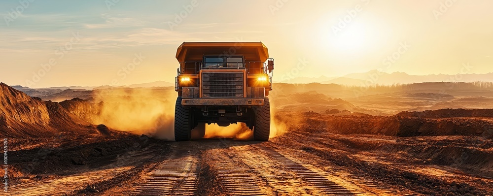 Large mining truck traversing a dusty path in an expansive open-pit mine under the warm glow of a setting sun, capturing the essence of the mining industry Large mining truck traversing a dusty path in an expansive open-pit mine under the warm glow of a setting sun, capturing the essence of the mining industry