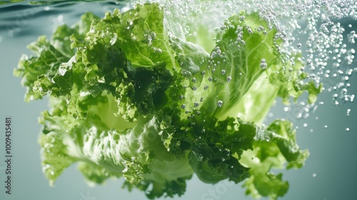 A fresh head of lettuce submerged in water, surrounded by bubbles.