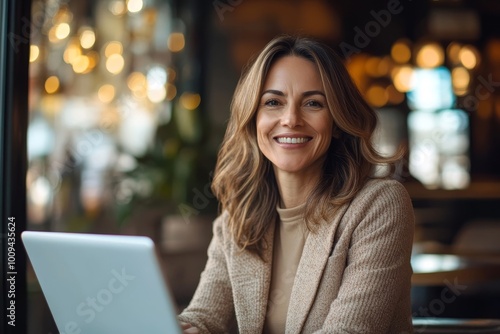 Happy mature businesswoman having a virtual meeting with a client in a cafe, Generative AI