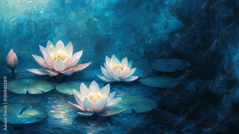 Water Lilies in Blue Pond. Water Lilies in Blue Pond.