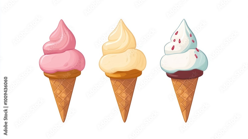 Set of three cartoon ice cream cones with different flavors. Set of three cartoon ice cream cones with different flavors.