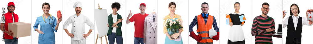People of different professions on white background, collage People of different professions on white background, collage