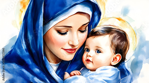 Fototapeta Naklejka Na Ścianę i Meble -  Watercolor painting featuring Mary holding baby Jesus, symbolizing peace and sacredness. Religion, Christianity concept.