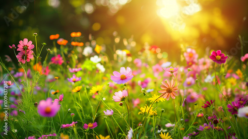 A vibrant spring meadow filled with colorful blooming flowers under a bright blue sky, creating a lively and picturesque landscape of nature's beauty.