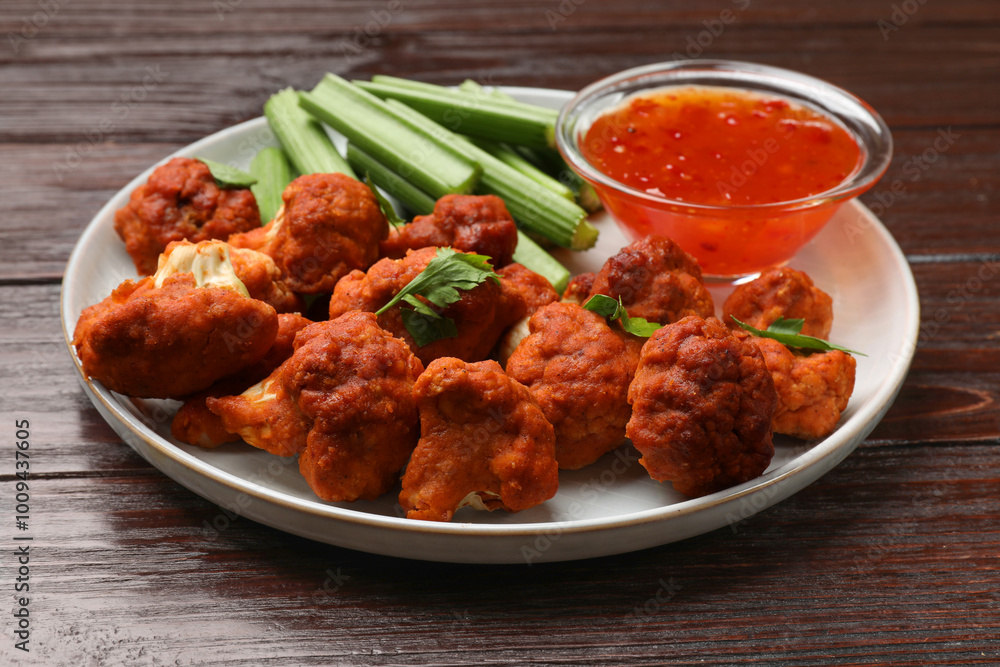 Baked cauliflower buffalo wings with celery and sauce on wooden table, closeup Baked cauliflower buffalo wings with celery and sauce on wooden table, closeup