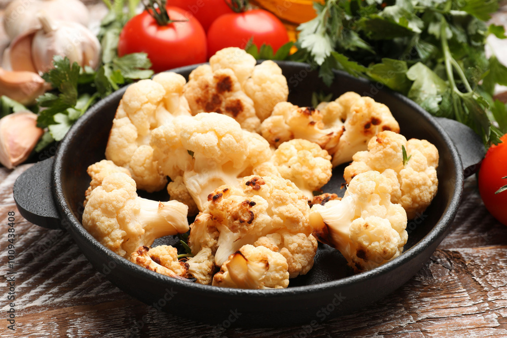 Baked cauliflower and products on wooden table Baked cauliflower and products on wooden table