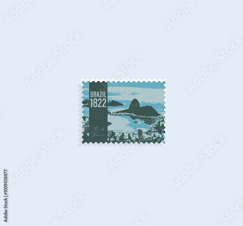 Brazilian Rio landscape Postage Stamp on white background. Vector illustration.