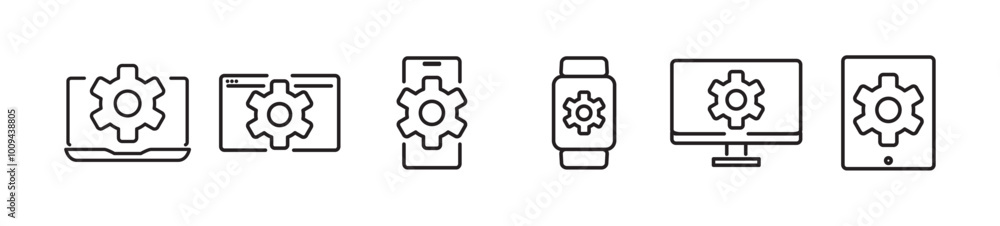 Gadget settings line icon set. Simple icon set of Update, upgrade, configuration, preferences, adjustments, operation, Containing options, progress bar install vector icon on transparent background. Gadget settings line icon set. Simple icon set of Update, upgrade, configuration, preferences, adjustments, operation, Containing options, progress bar install vector icon on transparent background.