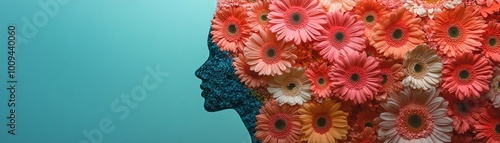 A creative silhouette of a human head adorned with colorful flowers, symbolizing beauty and nature's elegance.