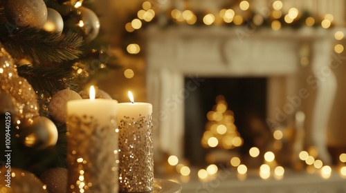 Cozy christmas ambiance with candlelit fireplace and glittering tree décor photo