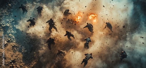 A chaotic scene of soldiers amidst explosions and debris in a combat setting. photo