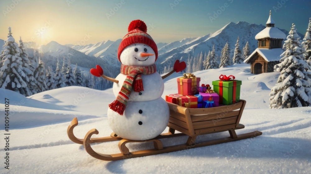 Obraz premium Cute cartoon snowman in a sleigh with gifts against the background of a winter snowy forest. New Year and Christmas card.
