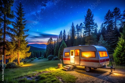 Scenic Camping Trailer Nestled Among Trees with Beautiful Landscape and Clear Blue Sky in Background