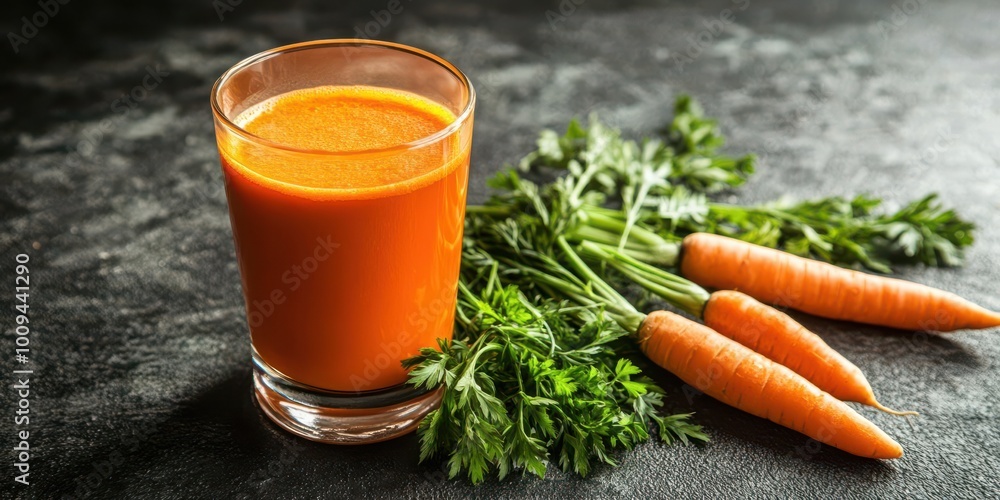 A glass of vibrant carrot juice with fresh carrots and greens on a dark surface. A glass of vibrant carrot juice with fresh carrots and greens on a dark surface.