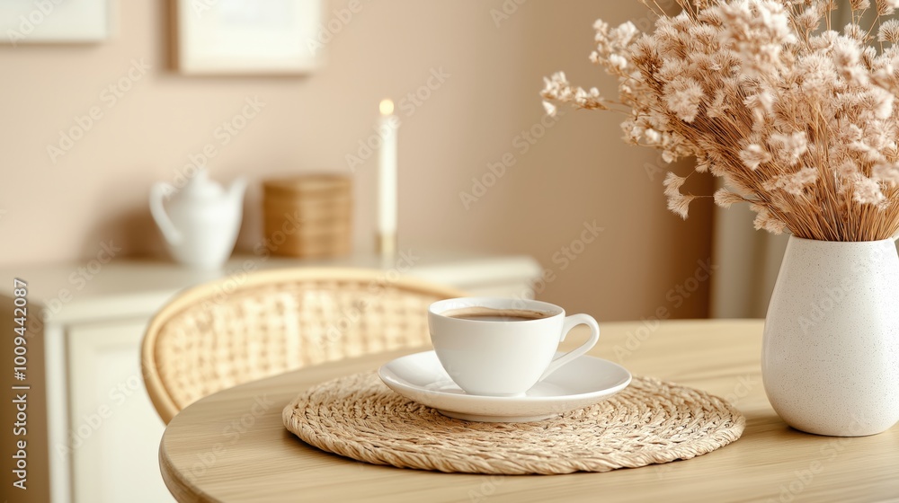 Cozy minimalist dining room with warm tones and dried floral arrangement Cozy minimalist dining room with warm tones and dried floral arrangement