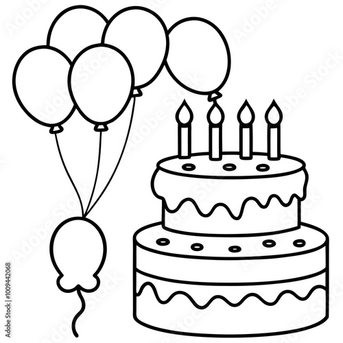 birthday cake and balloons outline coloring book page line art drawing