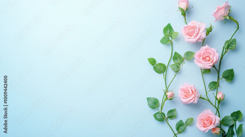 Pink roses arranged on a light blue background with copy space. Pink roses arranged on a light blue background with copy space.