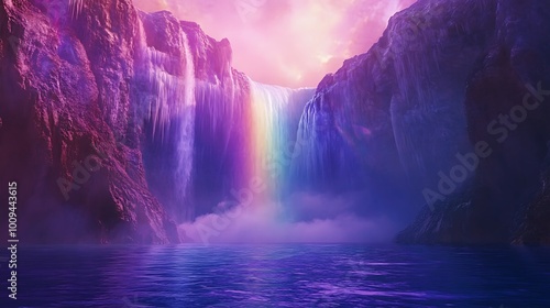 Wallpaper Mural A majestic waterfall with a rainbow cascading into a mist-filled canyon at sunset. Torontodigital.ca