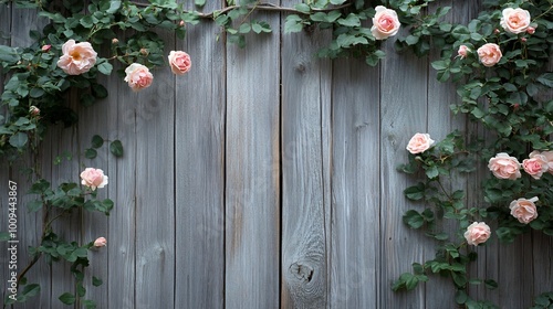 Fototapeta Naklejka Na Ścianę i Meble -  Pink roses climbing on a weathered wood fence with green leaves.