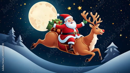 Santa Claus Riding a Reindeer, A fun, vector-style Santa Claus riding on a friendly, smiling reindeer through the night sky. Happy Christmas Card. photo