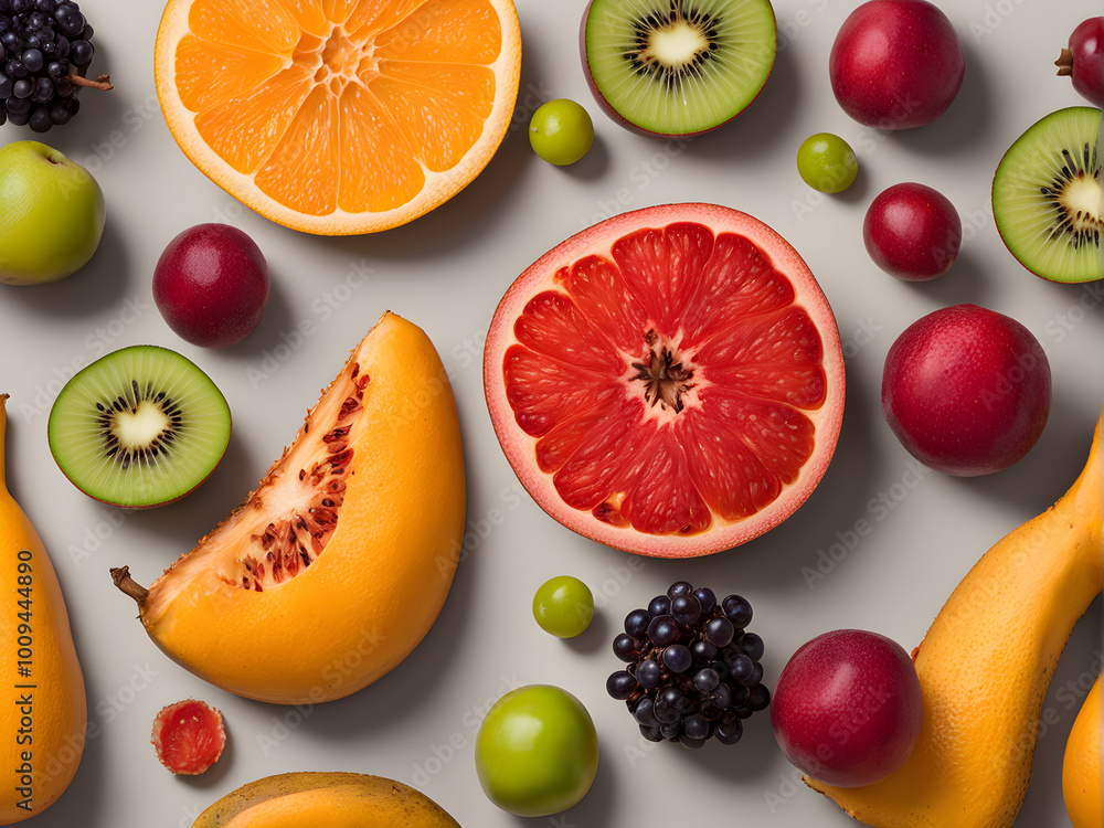 Minimalist Flat Lay of Vibrant Fruits on Neutral Backgrounds for Healthy Lifestyle Concepts Minimalist Flat Lay of Vibrant Fruits on Neutral Backgrounds for Healthy Lifestyle Concepts