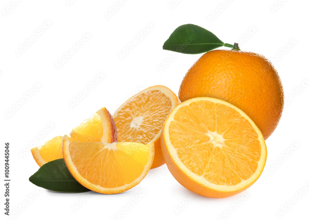 Fresh ripe oranges and green leaves on white background. Citrus fruit Fresh ripe oranges and green leaves on white background. Citrus fruit