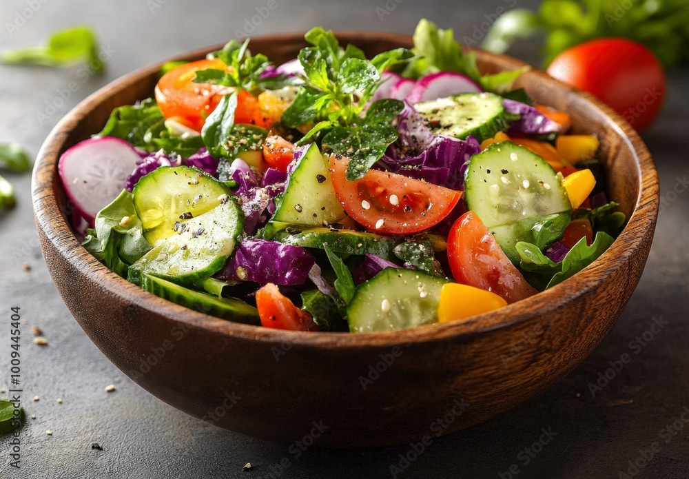 A Fresh and Colorful Salad in a Wooden Bowl A Fresh and Colorful Salad in a Wooden Bowl